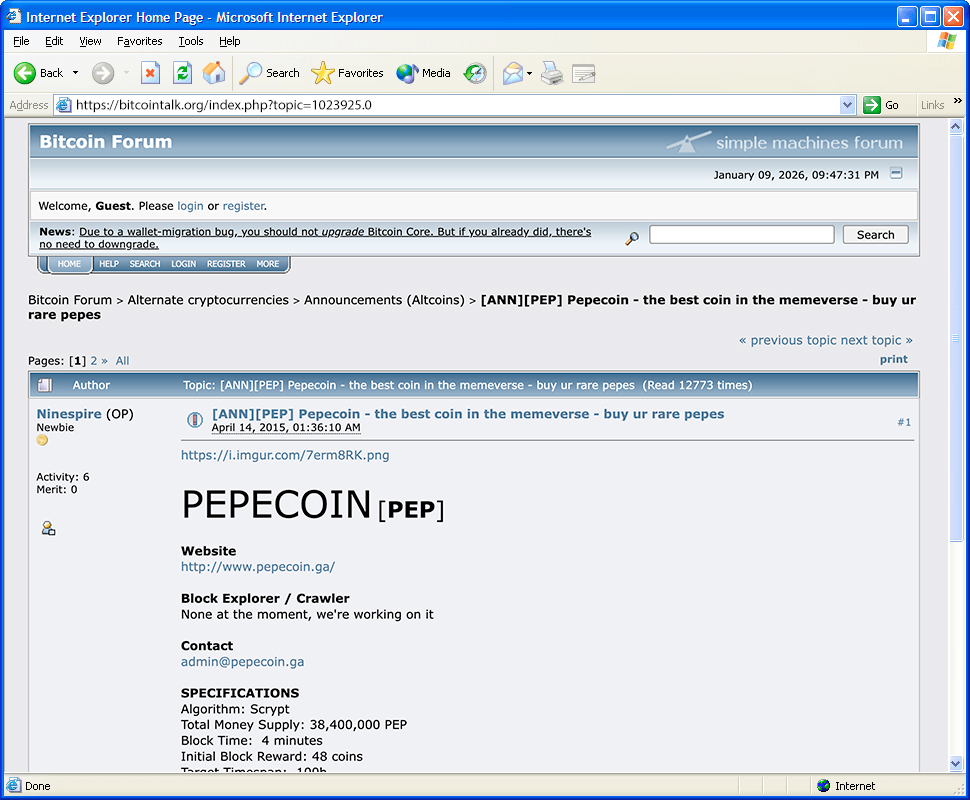 Original Pepecoin Bitcointalk thread
